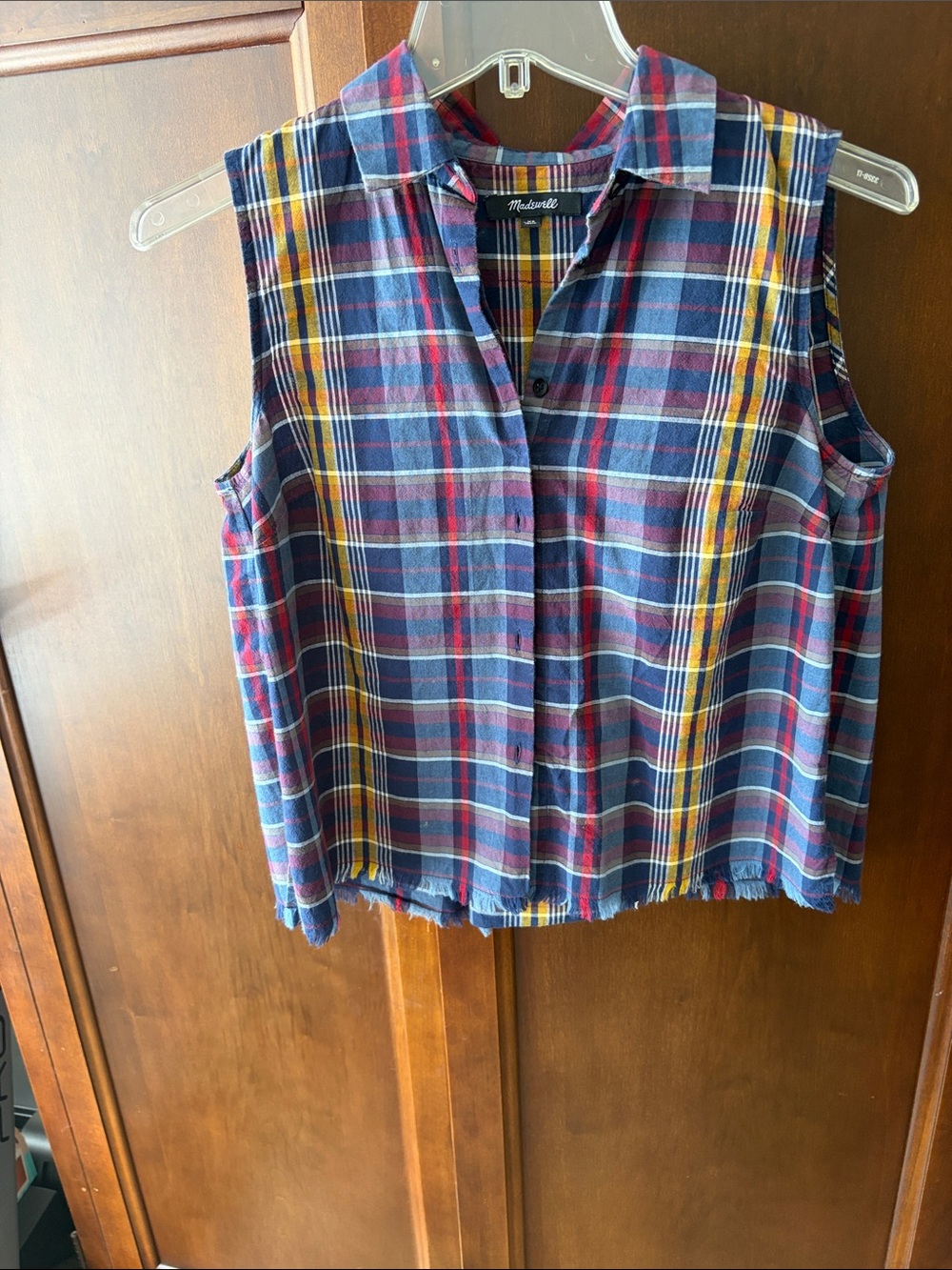 Madewell Navy Plaid Sleeveless Button-Front Shirt with Yellow Stripes